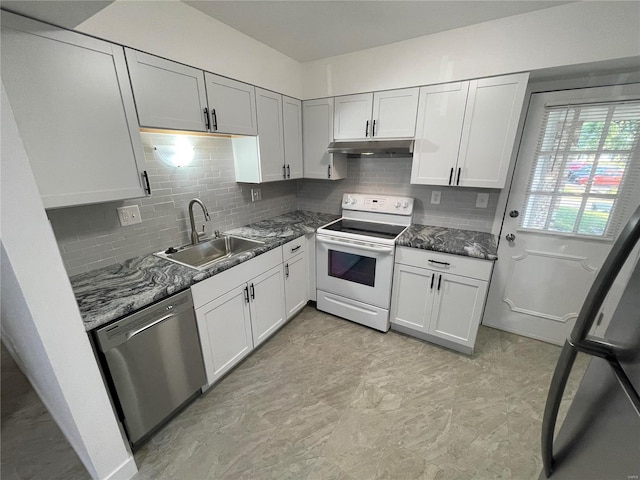 kitchen featuring sink, dark stone counters, electric stove, and dishwasher