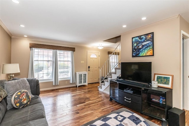 living room featuring ornamental molding and dark hardwood / wood-style flooring