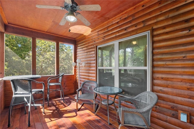 sunroom featuring ceiling fan and wood ceiling