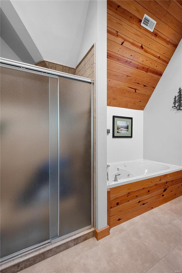 bathroom with lofted ceiling, plus walk in shower, wooden ceiling, and tile patterned flooring