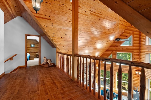 hallway featuring high vaulted ceiling, hardwood / wood-style floors, and wood ceiling