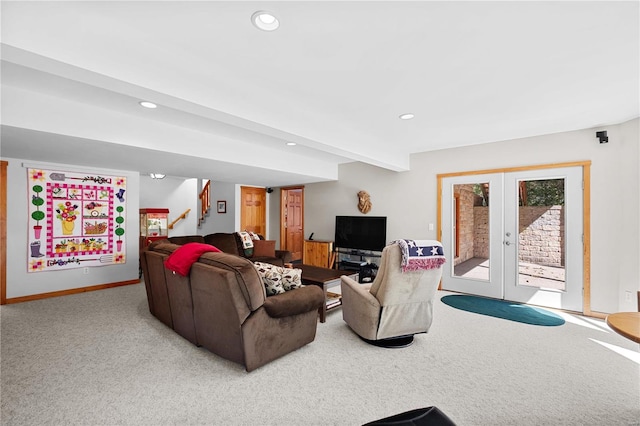 carpeted living room with french doors