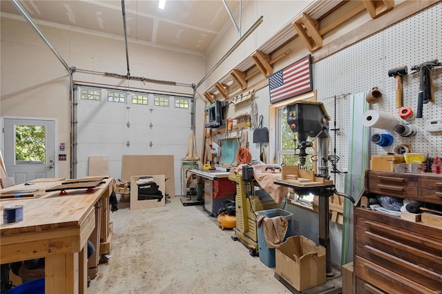 garage featuring a workshop area