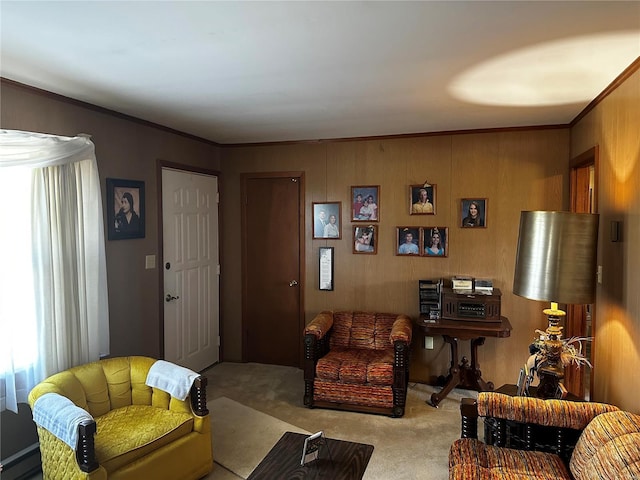 carpeted living room featuring wooden walls, a baseboard radiator, and crown molding