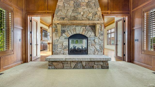 living room with a wealth of natural light, wood walls, and a stone fireplace