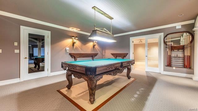 playroom featuring french doors, ornamental molding, pool table, and carpet flooring