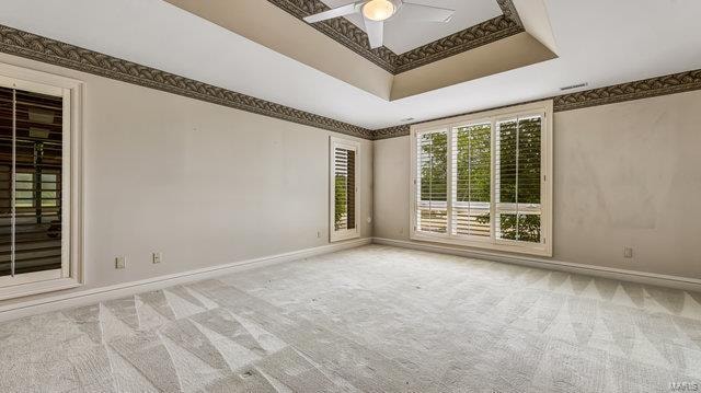 spare room with light carpet, ceiling fan, and a raised ceiling