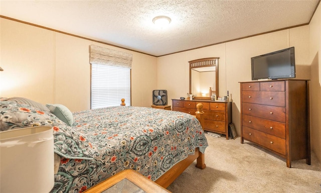 bedroom featuring light carpet, a textured ceiling, and crown molding