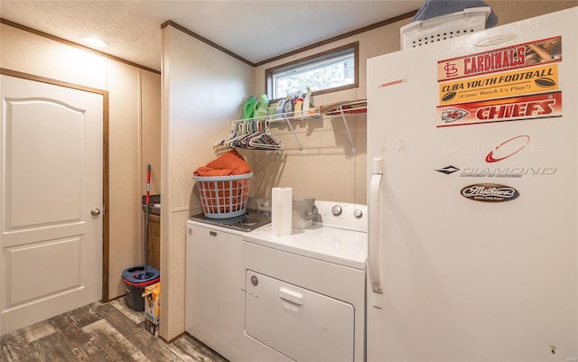 laundry area featuring ornamental molding, independent washer and dryer, dark hardwood / wood-style floors, and a textured ceiling