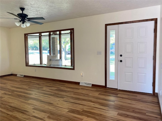 foyer entrance with a textured ceiling, plenty of natural light, and dark hardwood / wood-style flooring