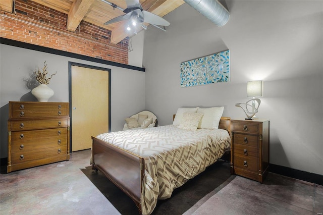 bedroom featuring a towering ceiling, concrete floors, beam ceiling, and ceiling fan