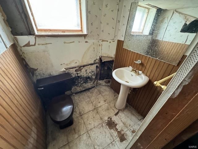 bathroom featuring wood walls