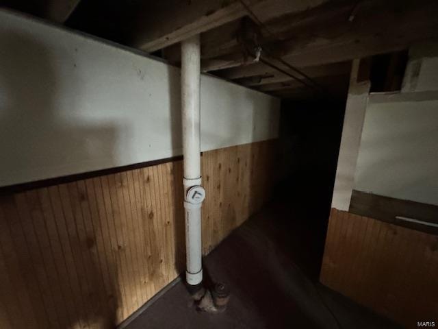 basement featuring wooden walls