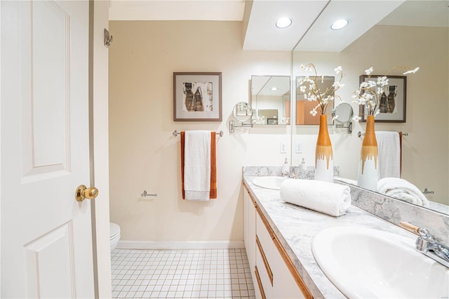 bathroom with tile patterned flooring, vanity, and toilet