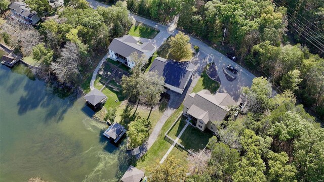 drone / aerial view featuring a water view