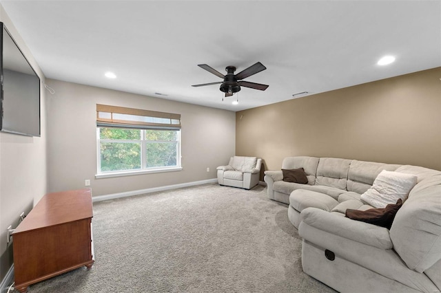 living room featuring recessed lighting, a ceiling fan, baseboards, and carpet floors