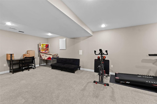 exercise room with recessed lighting, visible vents, baseboards, and carpet