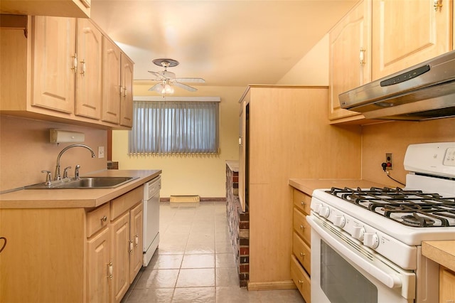 kitchen featuring ceiling fan, white appliances, light brown cabinetry, sink, and light tile patterned floors