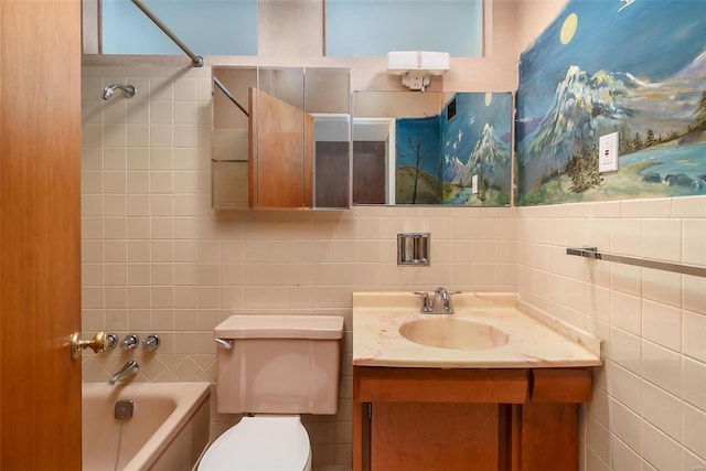 full bathroom featuring vanity, shower / bathing tub combination, tile walls, toilet, and backsplash