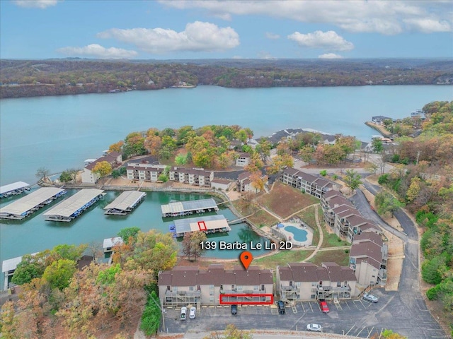 drone / aerial view featuring a water view