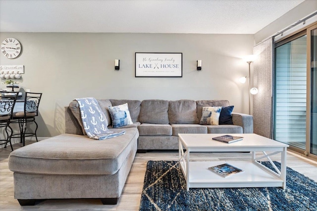 living room with a textured ceiling and light hardwood / wood-style floors