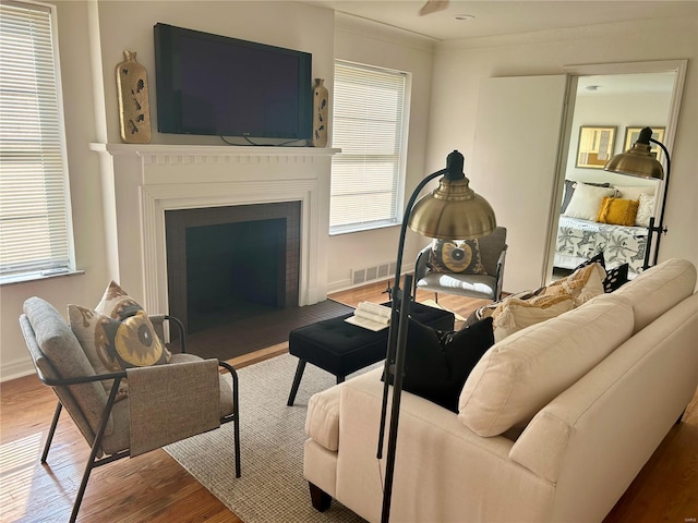 living room featuring hardwood / wood-style floors and ornamental molding