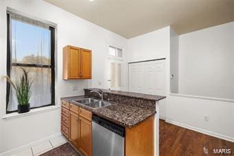 kitchen featuring dark wood-type flooring, sink, kitchen peninsula, dark stone counters, and dishwasher