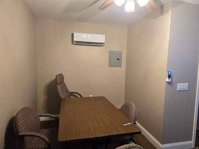 office space with electric panel, a wall mounted air conditioner, and ceiling fan