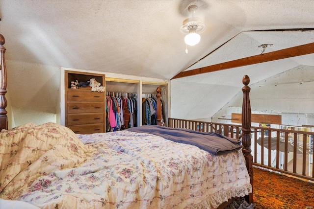 bedroom with ceiling fan and lofted ceiling