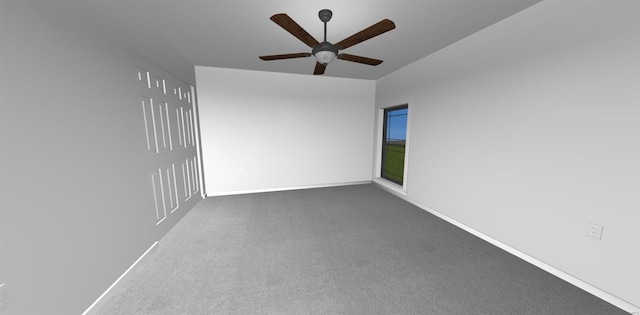 empty room featuring ceiling fan and dark carpet