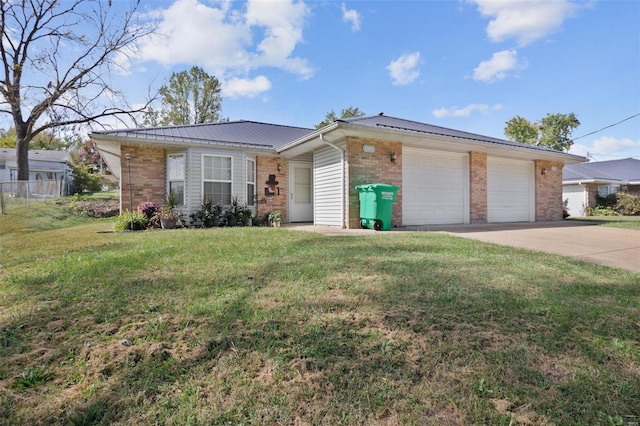 ranch-style home with a garage and a front lawn