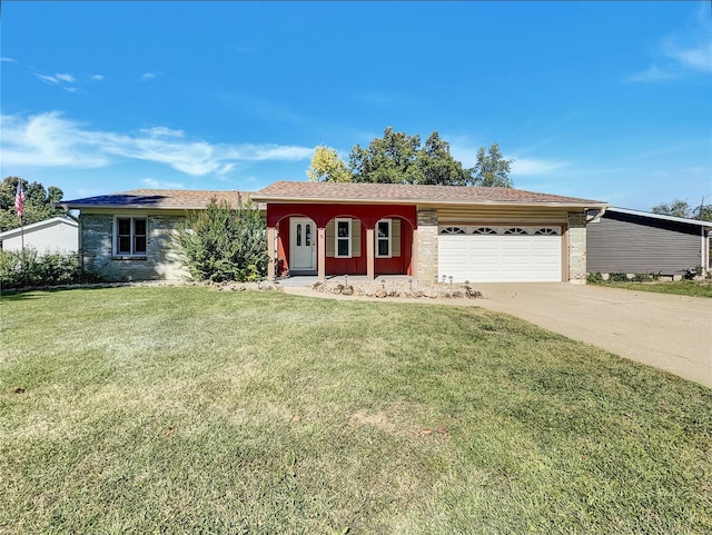 ranch-style home with a front yard and a garage