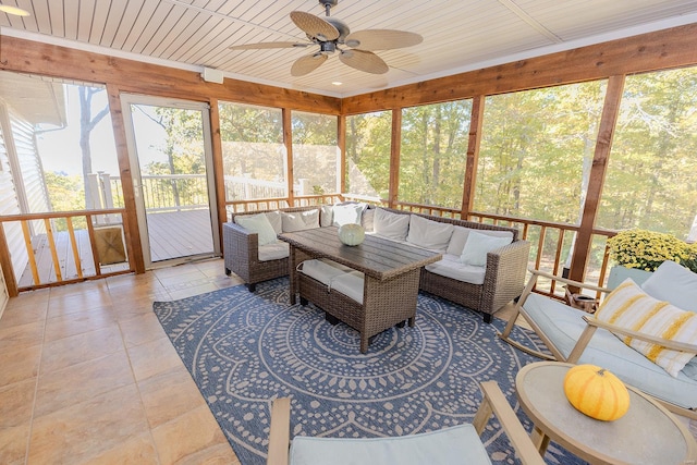 sunroom with wooden ceiling and ceiling fan