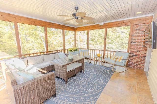 sunroom / solarium featuring wooden ceiling and ceiling fan