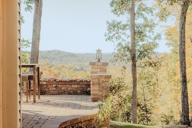 view of patio / terrace featuring a mountain view