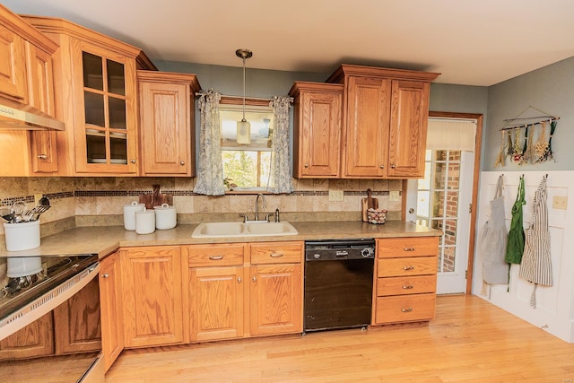 kitchen with sink, ventilation hood, light hardwood / wood-style flooring, dishwasher, and backsplash