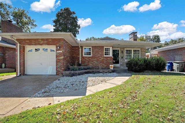 ranch-style home featuring a garage and a front lawn