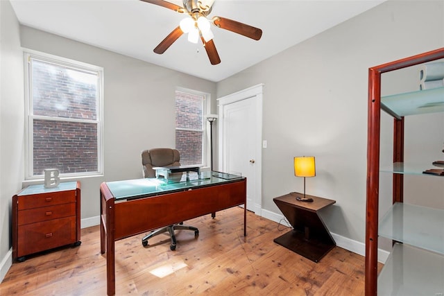 office area featuring ceiling fan and light wood-type flooring