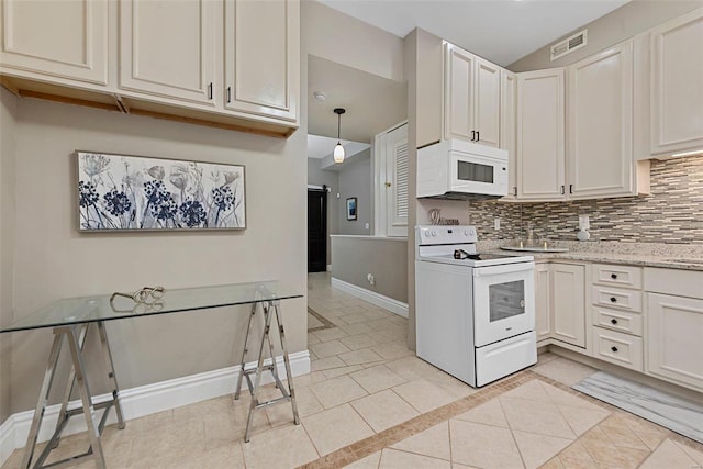 kitchen featuring backsplash, pendant lighting, white cabinets, light stone counters, and white appliances