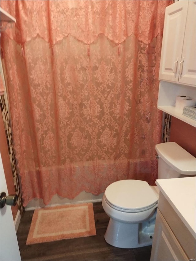 bathroom with hardwood / wood-style floors, vanity, and toilet