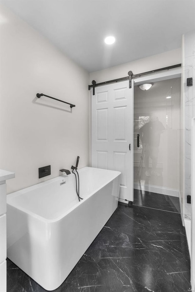 bathroom with plus walk in shower and vanity