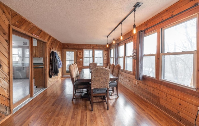 dining room with a textured ceiling, rail lighting, dark hardwood / wood-style floors, and wood walls