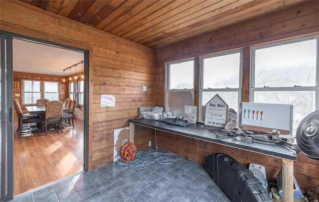 office with wooden ceiling and wooden walls