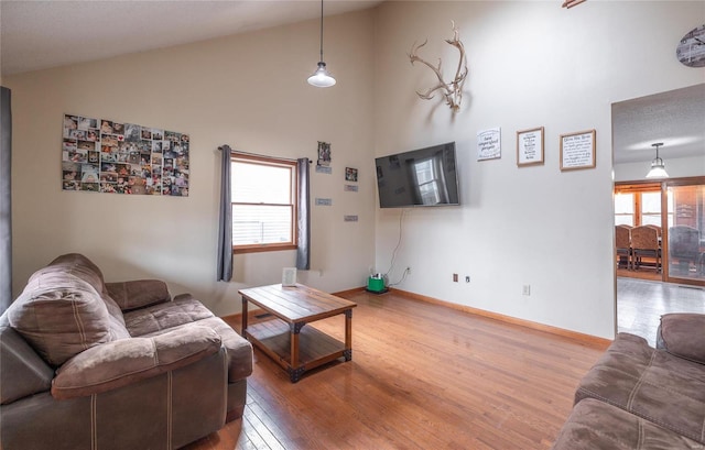 living room with hardwood / wood-style floors and high vaulted ceiling