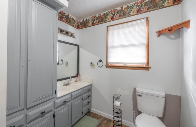 bathroom with wood-type flooring, vanity, a textured ceiling, and toilet