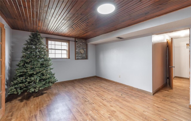 spare room with light hardwood / wood-style floors and wood ceiling