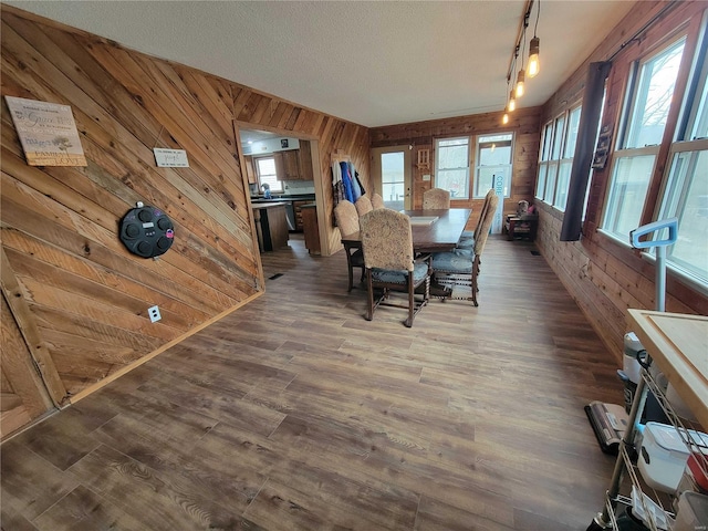 unfurnished dining area with a textured ceiling, wood walls, a sink, and wood finished floors