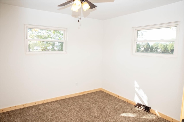 spare room with ceiling fan, a wealth of natural light, and carpet