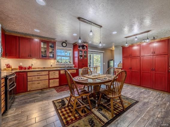 dining space with a textured ceiling, sink, dark hardwood / wood-style flooring, and rail lighting