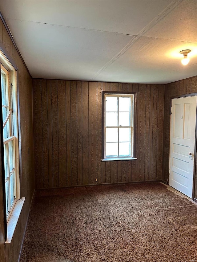 empty room with wood walls and dark carpet